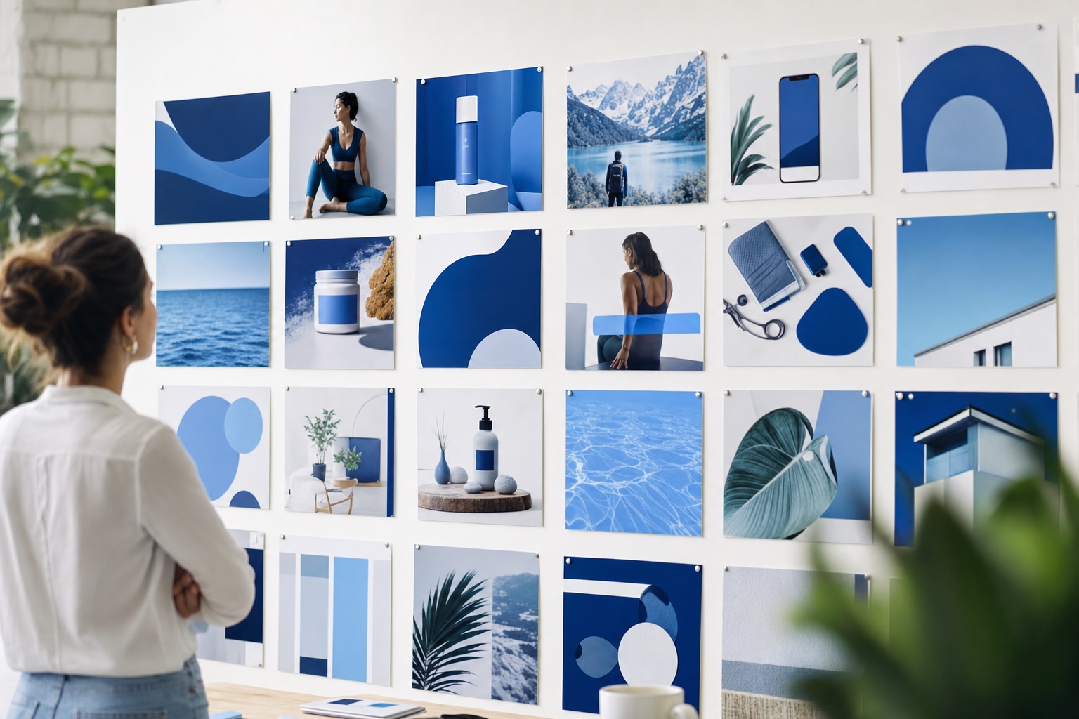 A wall of polished on-brand client graphics in navy and sky blue, reviewed in a bright studio