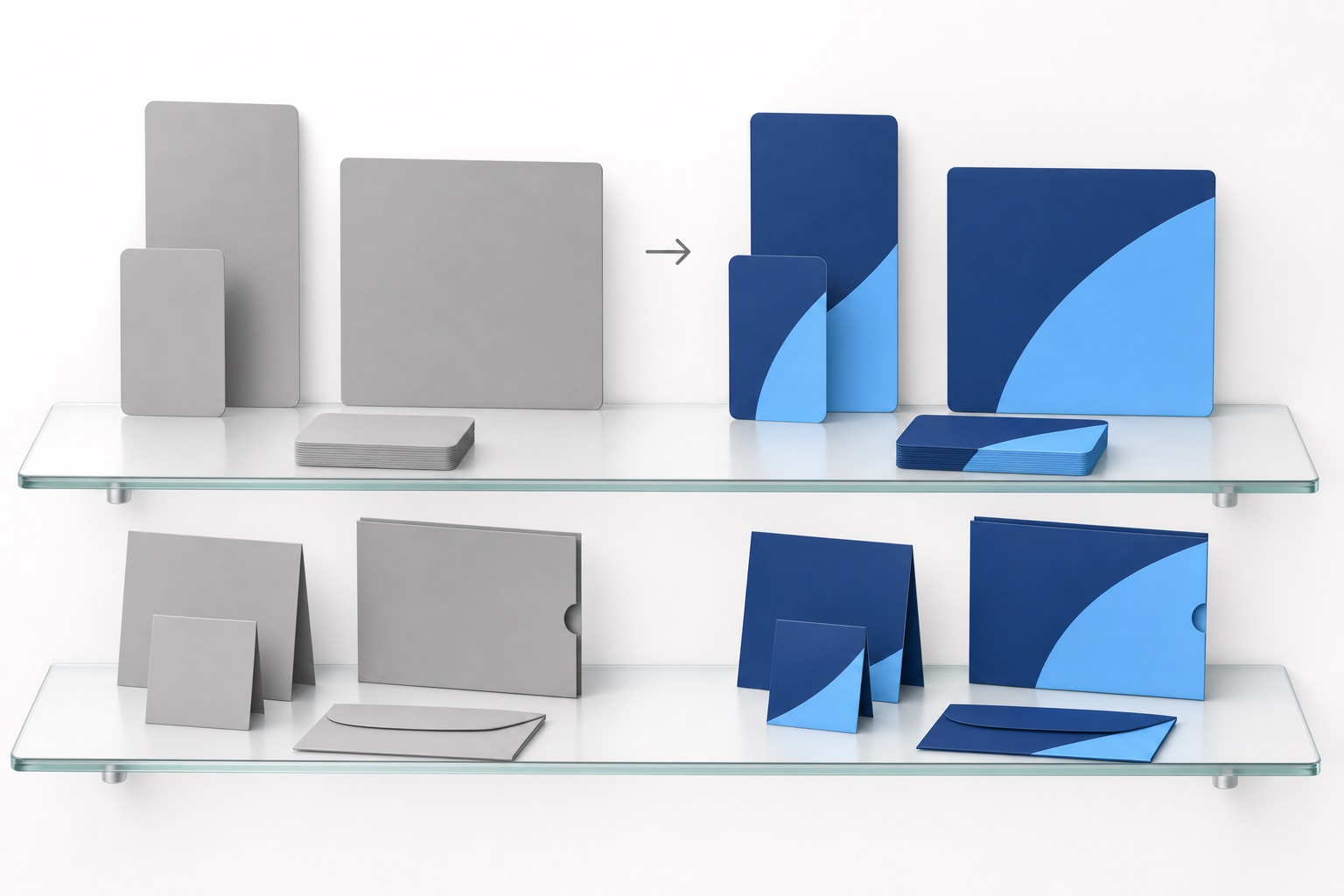 Before and after brand asset set: plain gray placeholder cards on the left, the same set finished in navy and sky blue on the right